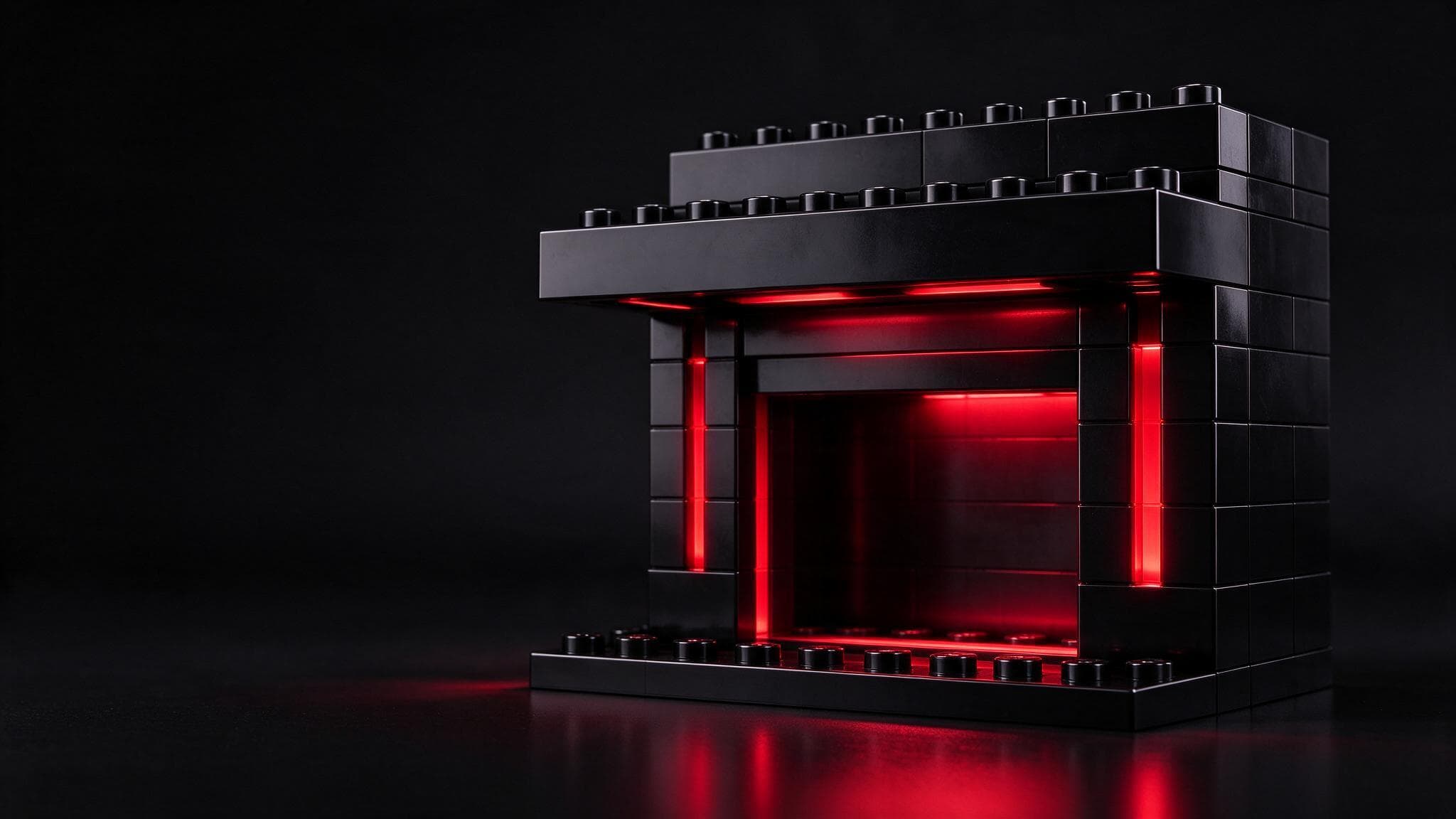 Glossy black building blocks stacked into a small storefront lit crimson from inside: setting up a Shopify store step by step