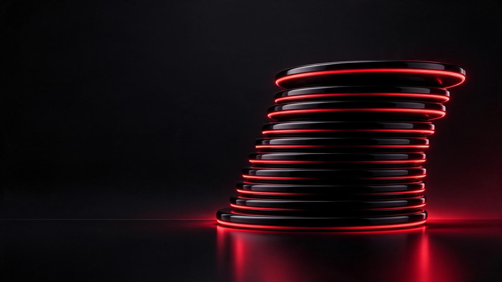 A stack of black discs widening toward the top with glowing crimson rims: scaling ad budget without losing profitability