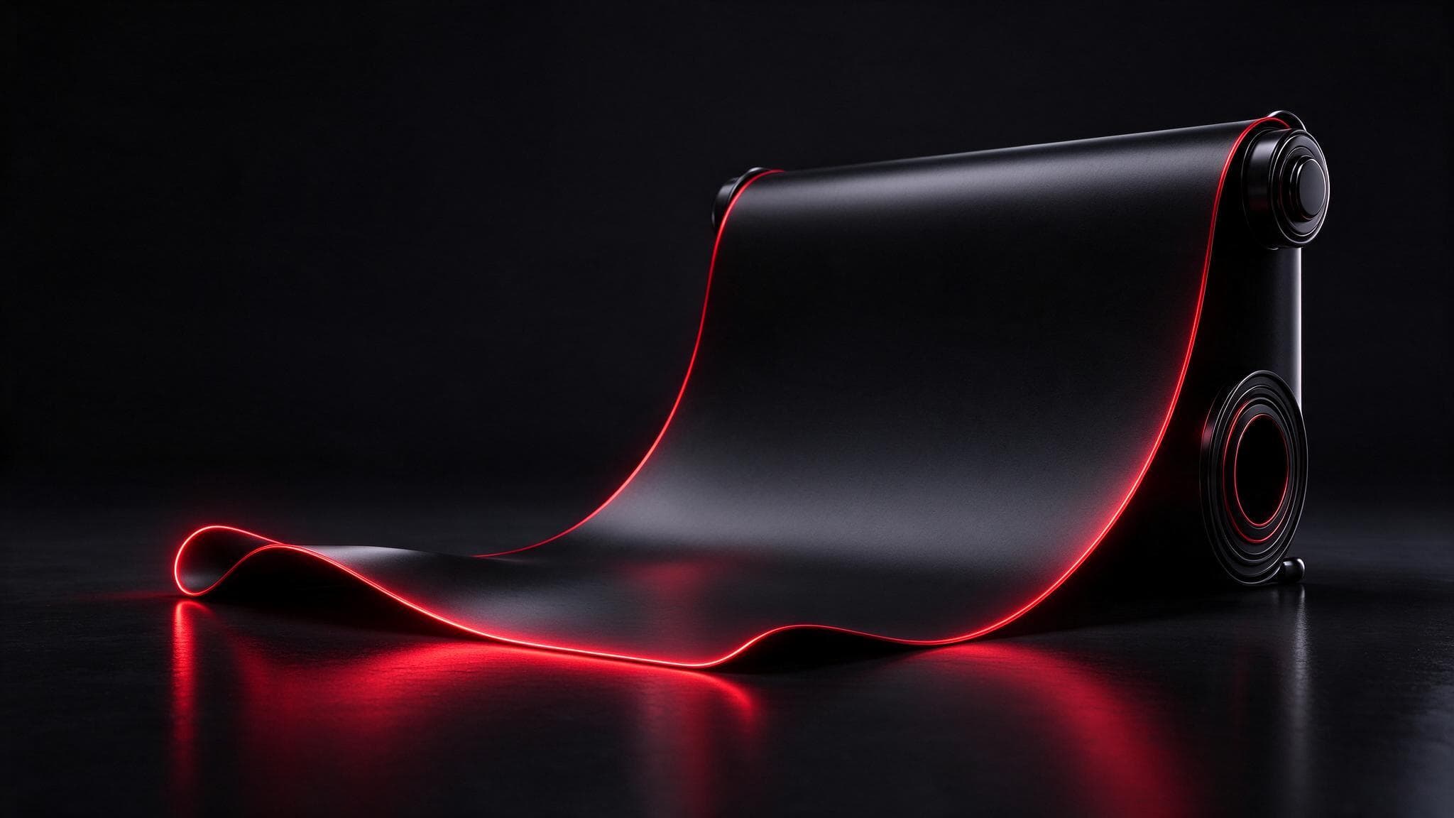 A blank glossy black scroll partly unrolled with glowing crimson edges: the llms.txt file