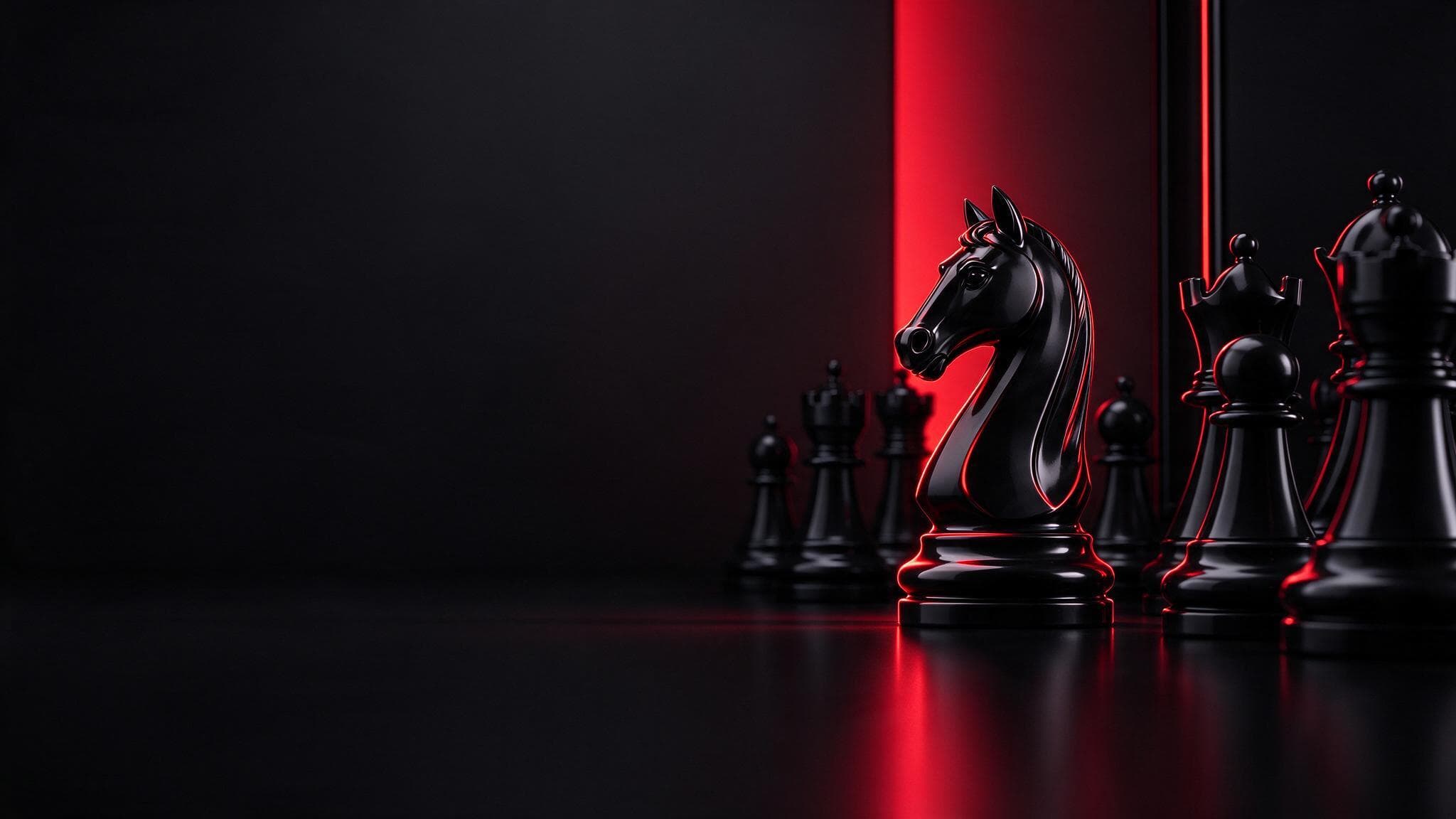 A single black chess knight with crimson light behind it next to a group of black pieces: choosing between a freelancer and an agency