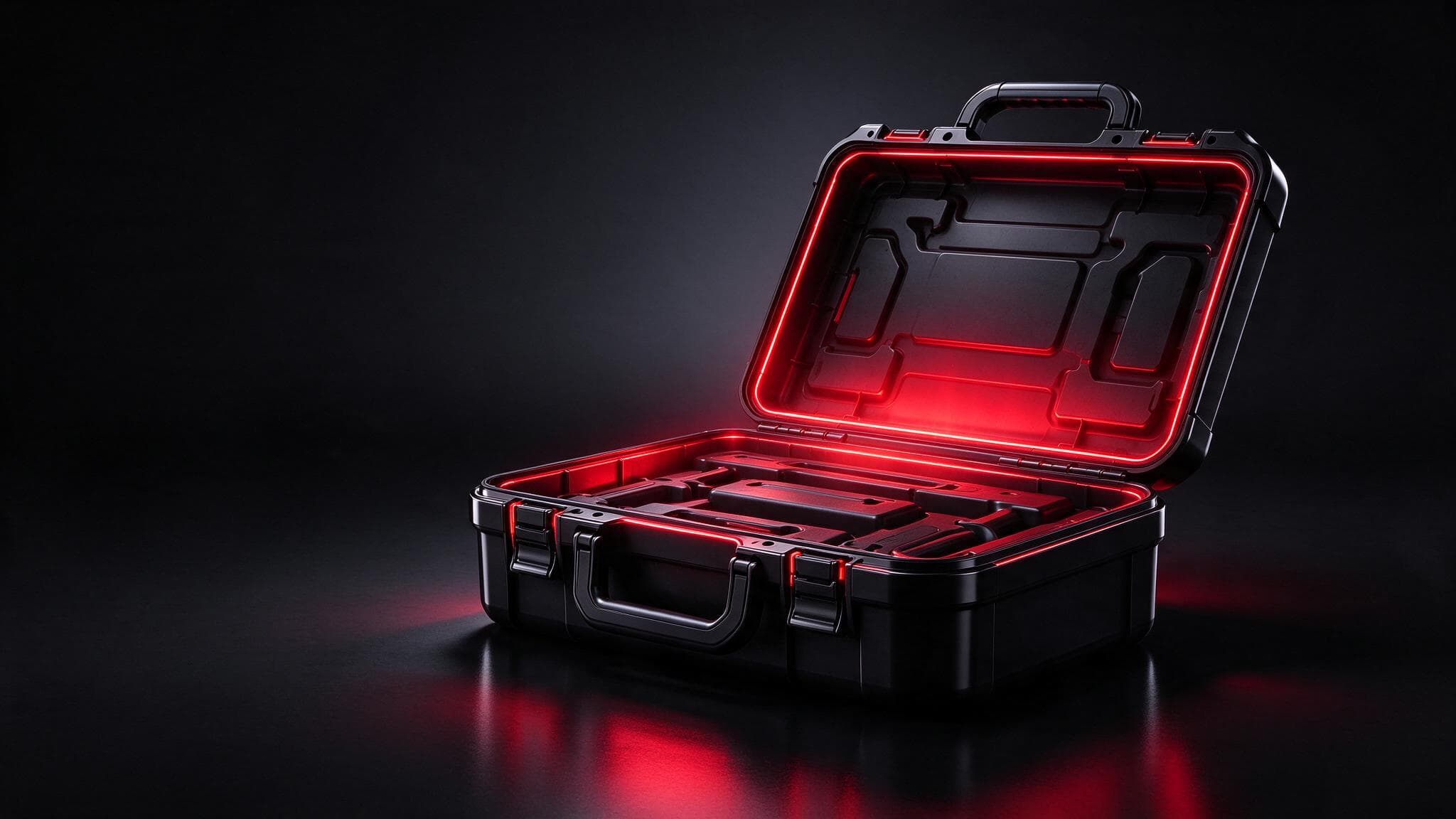 A glossy black toolbox open in a dark studio with crimson light rising from inside: a Meta ad account audit