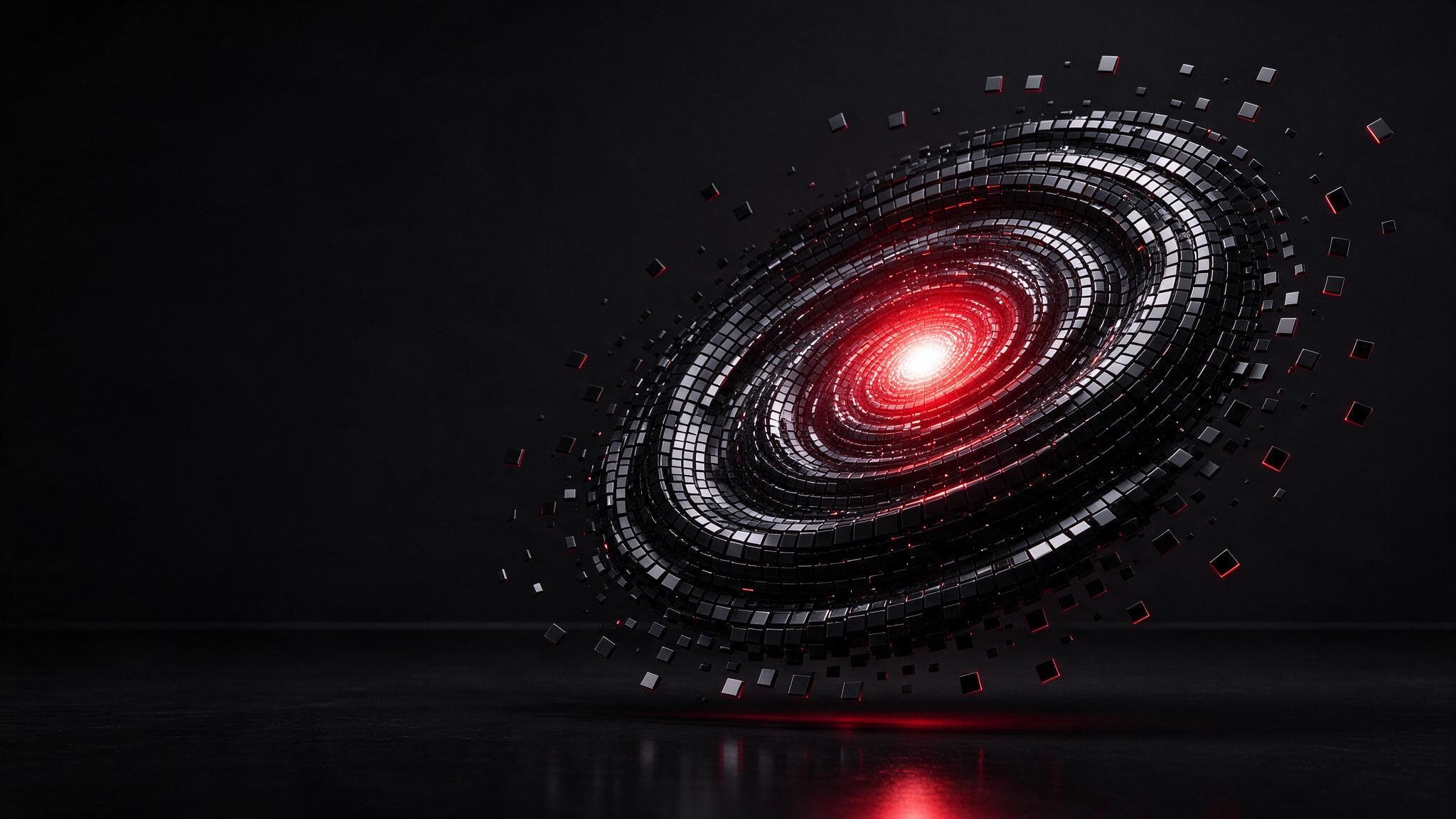 Meta Andromeda'yı anlatan kapak: koyu stüdyoda binlerce küçük siyah karodan oluşan ve kırmızı parlayan merkezine doğru dönen sarmal bir galaksi heykeli