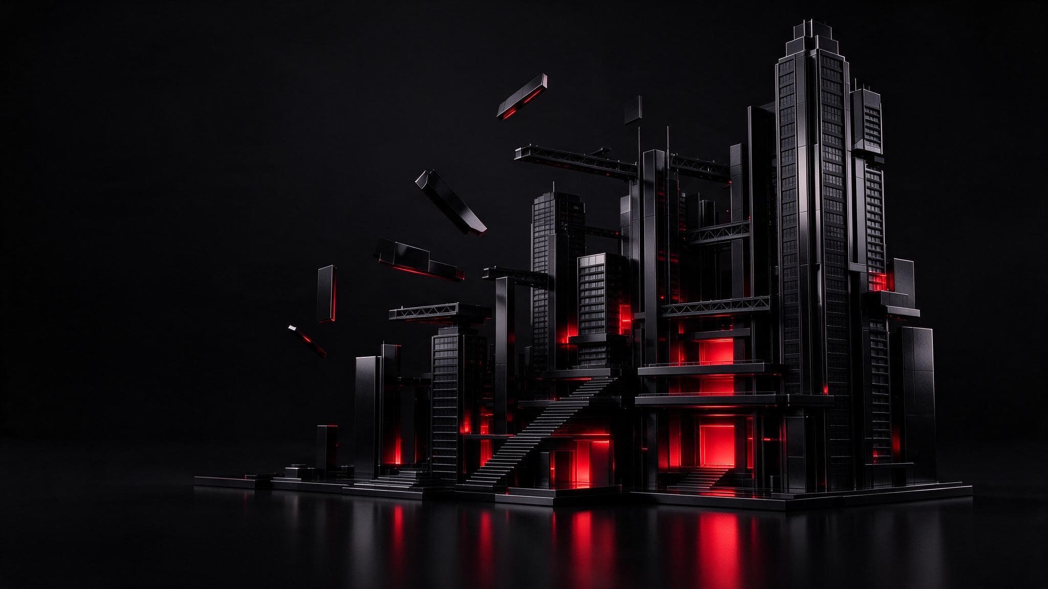 A black architectural scale model being reassembled with crimson light glowing inside: an ecommerce website redesign
