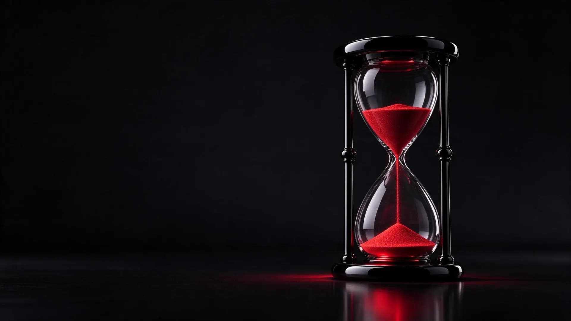A black hourglass with glowing red sand flowing through it