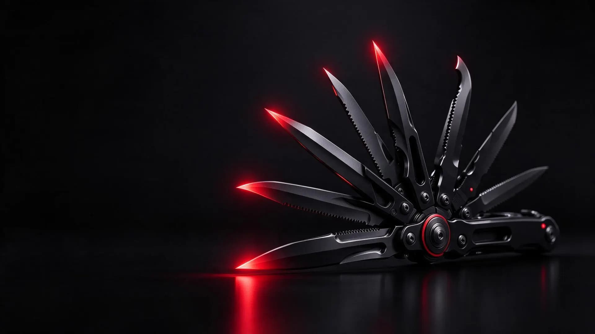 A black multi tool opened like a fan, its blade tips glowing red