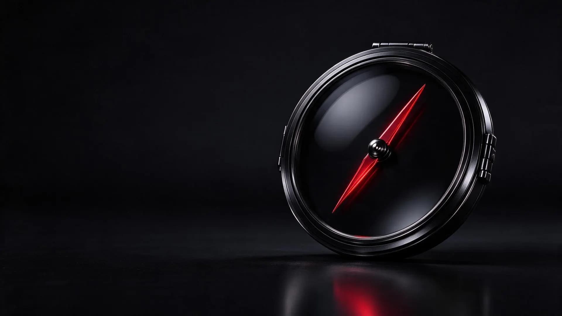 A black compass with a glowing red needle on a dark floor