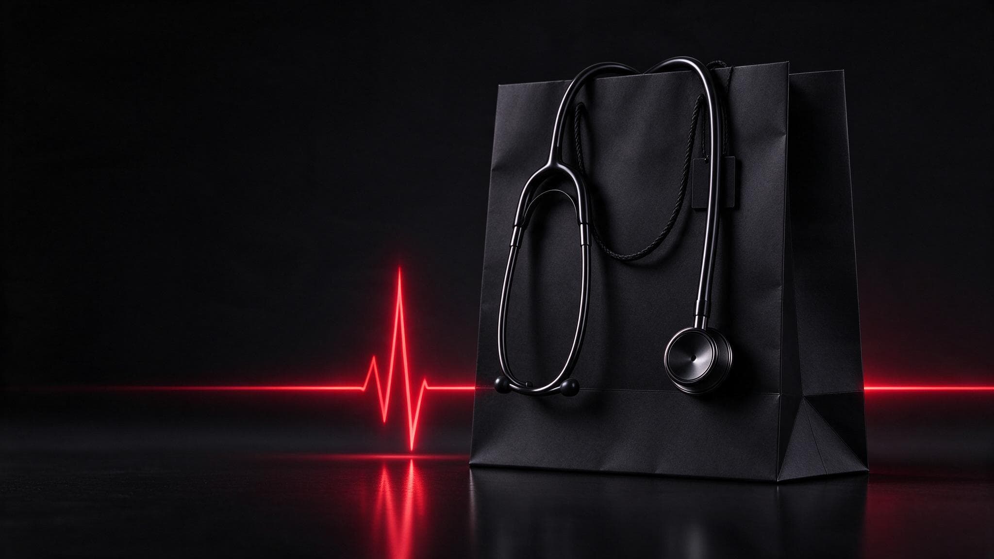 A glossy black stethoscope draped over a black shopping bag with a glowing red pulse line on the floor: diagnosing an online store with no sales