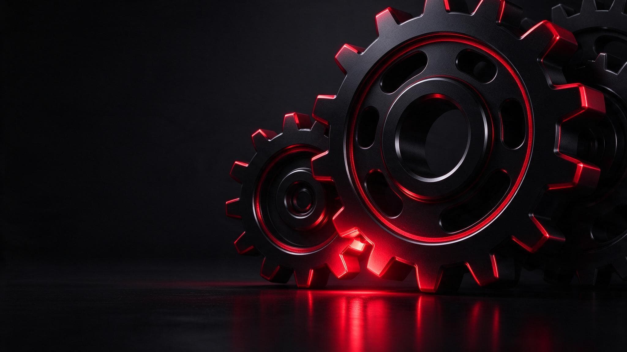 Interlocking black gears with crimson glowing teeth: research, testing and implementation working together in conversion rate optimization