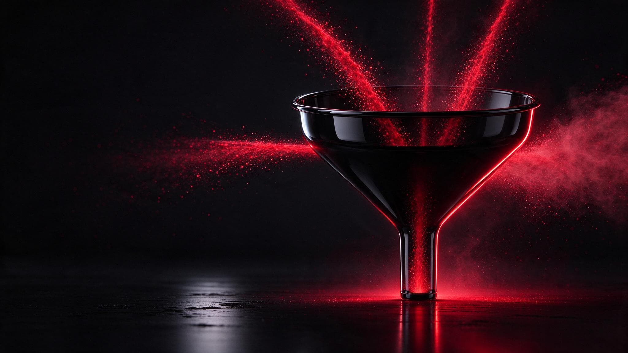 A black glass funnel collecting crimson particle streams from several directions: AI assistant traffic from ChatGPT and others gathered into one GA4 channel