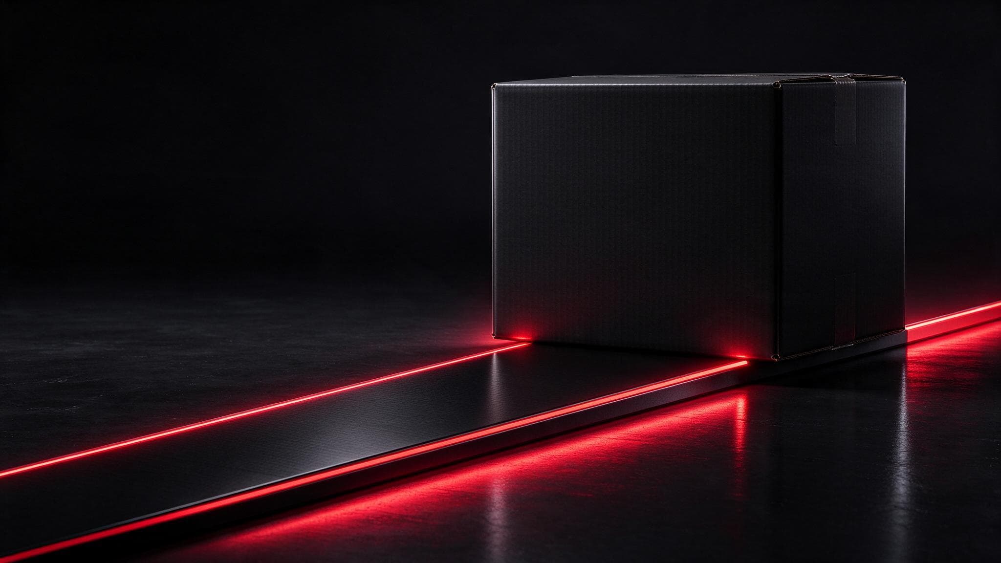 A black moving box travelling along a narrow walkway edged with crimson light: migrating from WooCommerce to Shopify