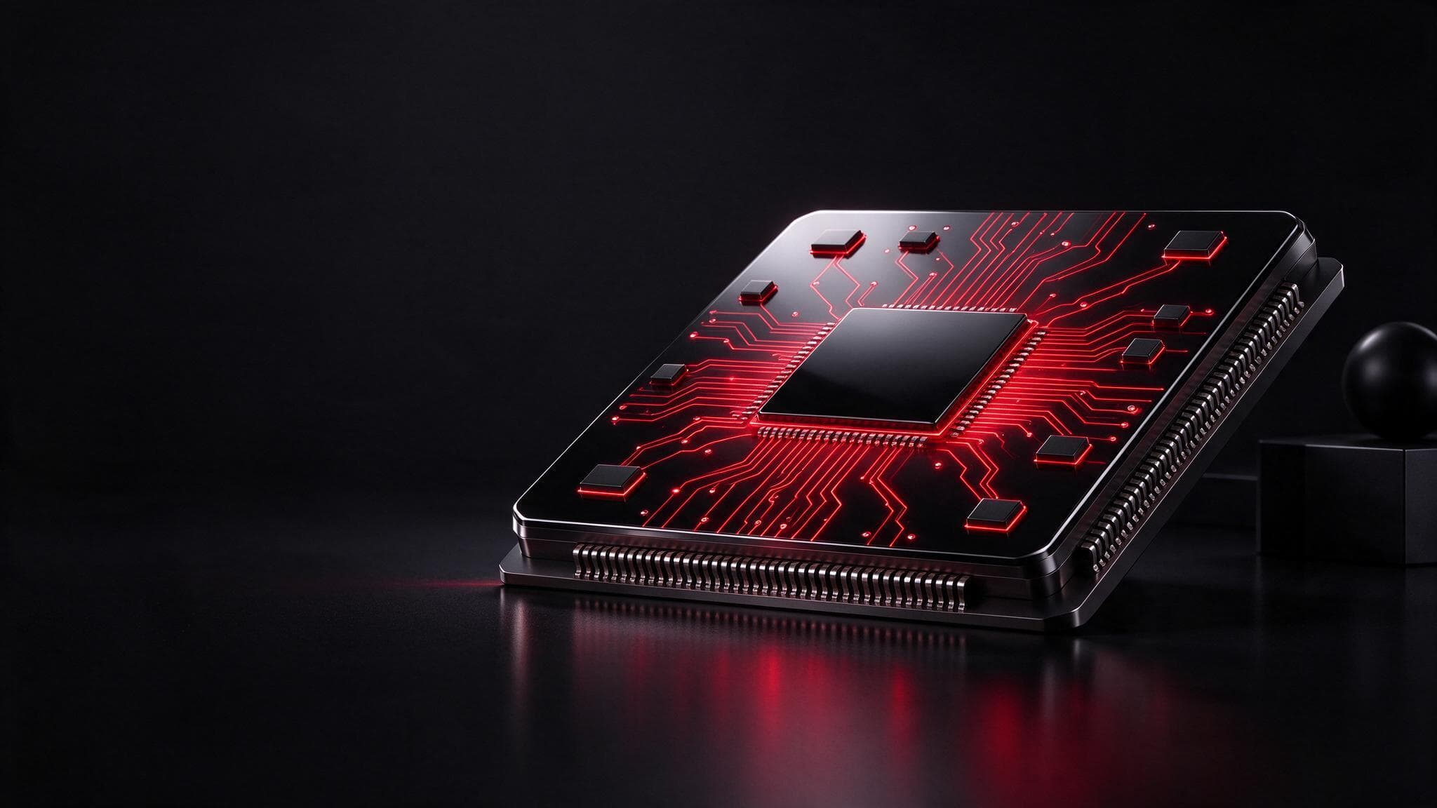 A glossy black processor chip with crimson circuit traces lighting up: the AI layer Google Ads AI Max adds to Search campaigns