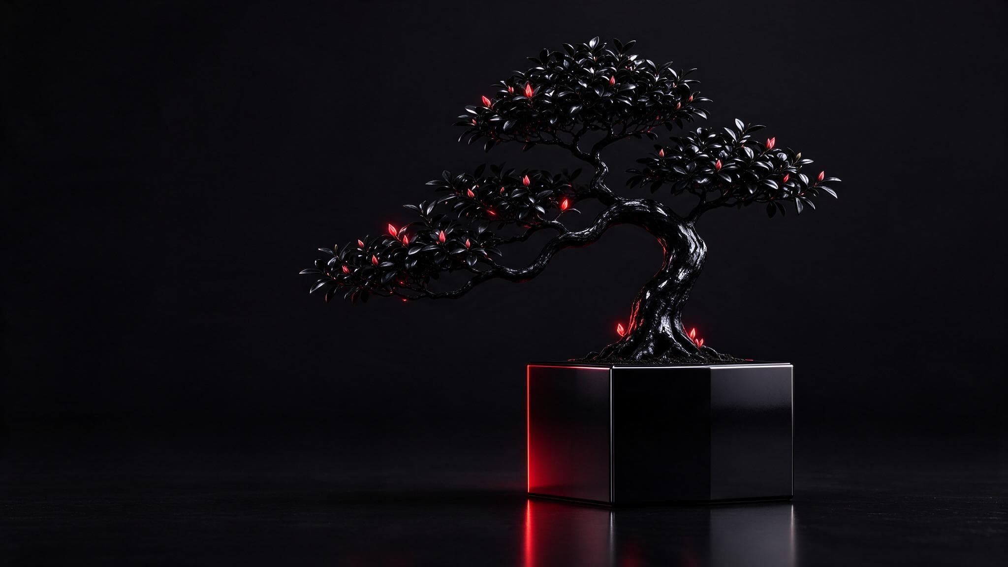 Parlak siyah bir küpten yükselen, tomurcukları kırmızı parlayan siyah bonsai ağacı: zamanla büyüyen e-ticaret SEO sonuçları