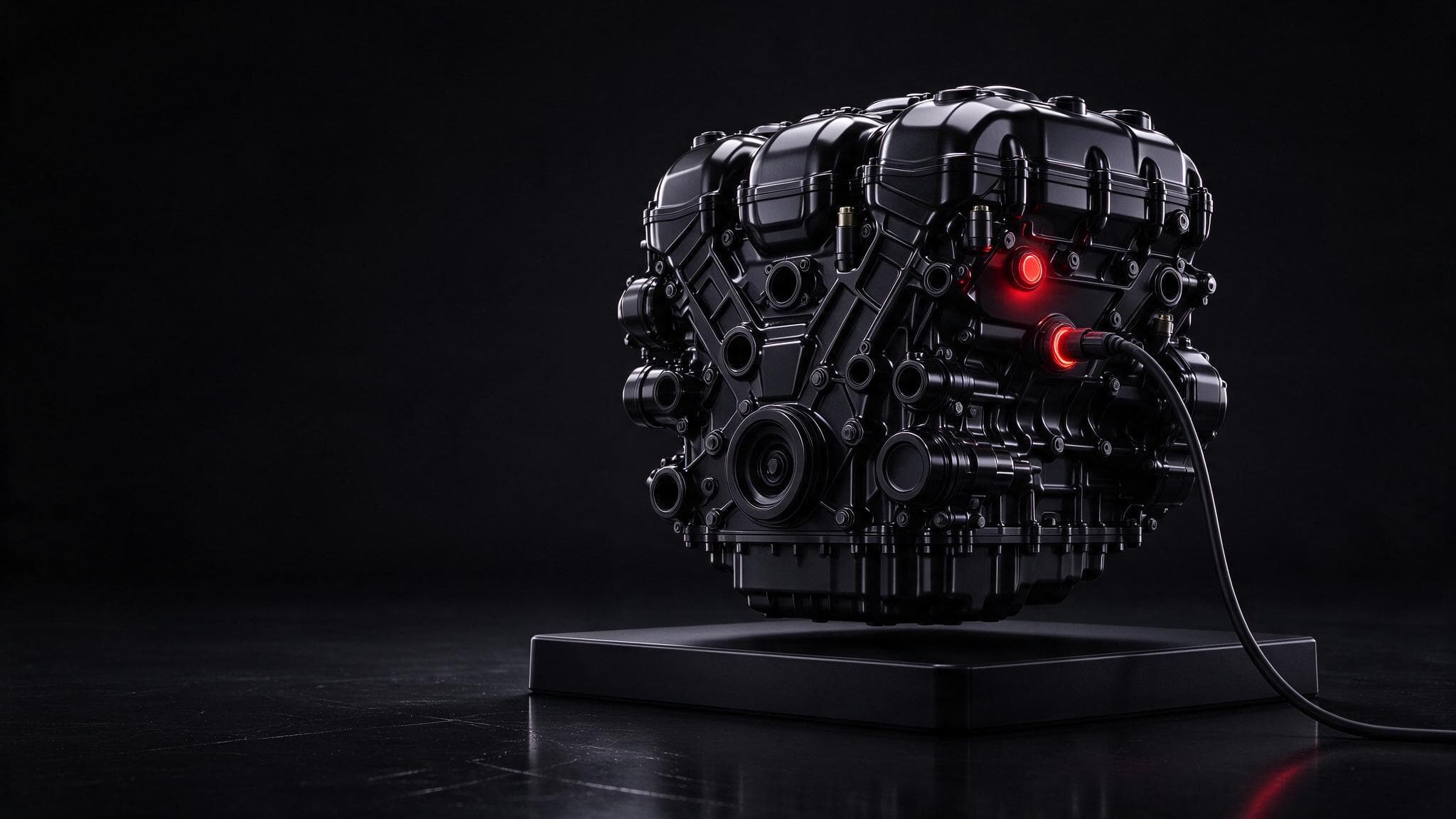 A glossy black engine block on a pedestal in a dark studio with a diagnostic cable plugged in and a glowing red warning light, symbolising troubleshooting a Performance Max campaign that is not driving sales.