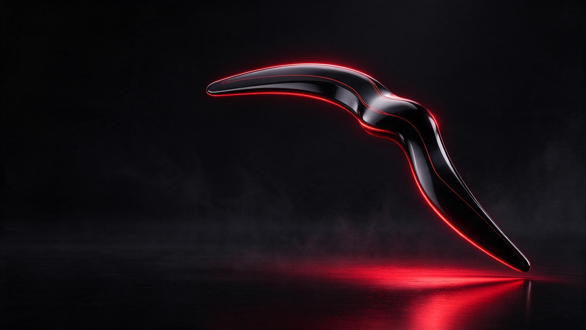 A glossy black boomerang suspended in the air with a glowing crimson edge: products coming back and the return rate