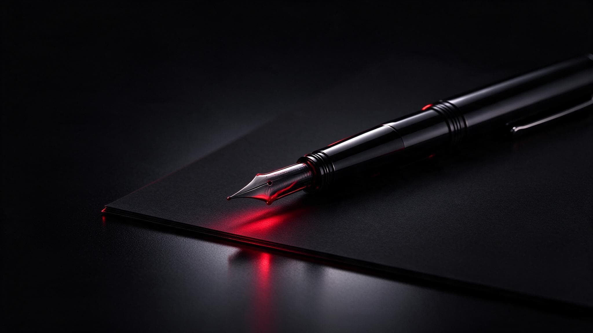 A glossy black fountain pen resting on a blank black sheet with a crimson ink glow at the nib: reading the agency contract before signing