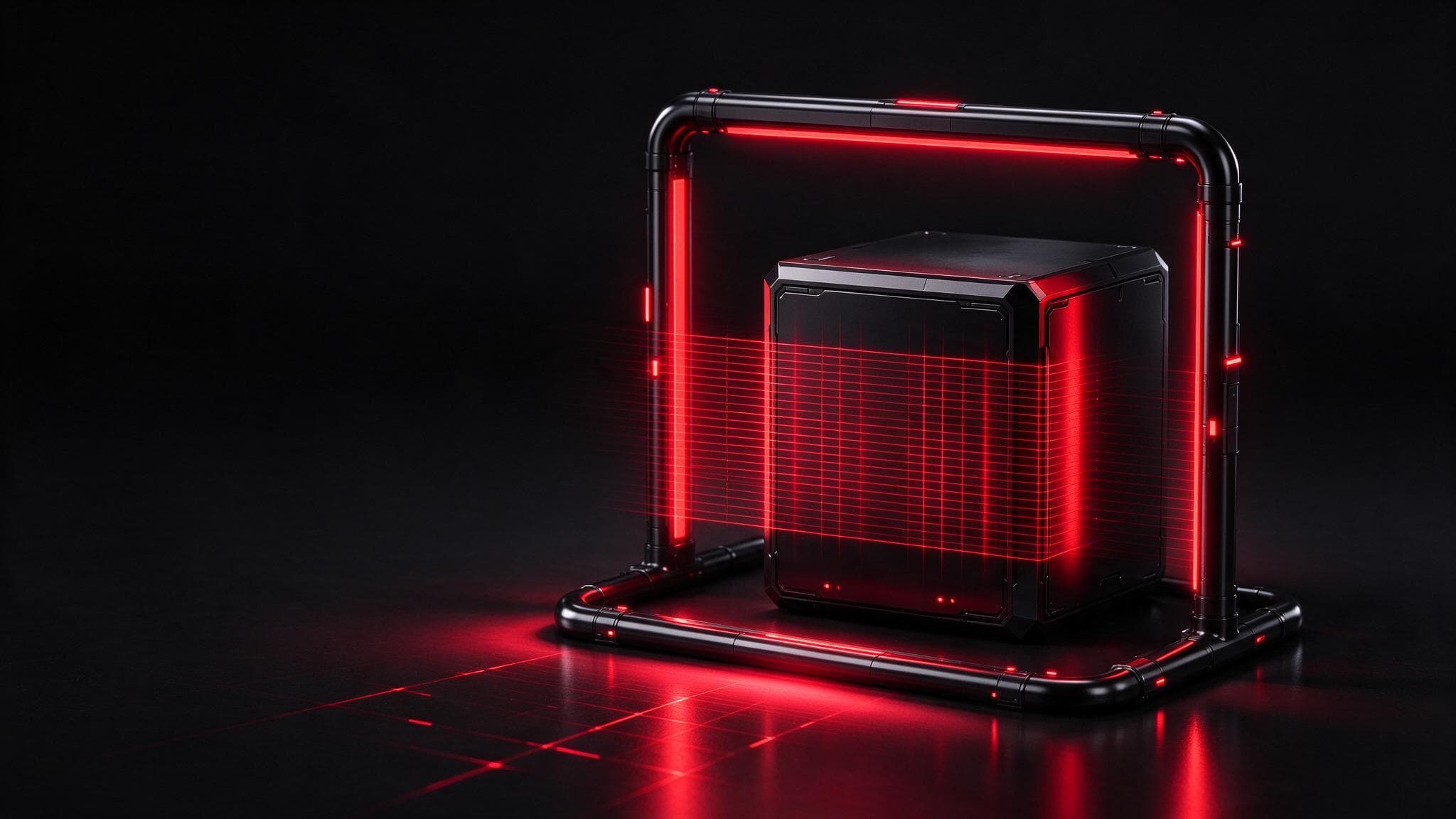 A black cube scanned by a frame emitting a crimson laser grid: a Google Ads account audit