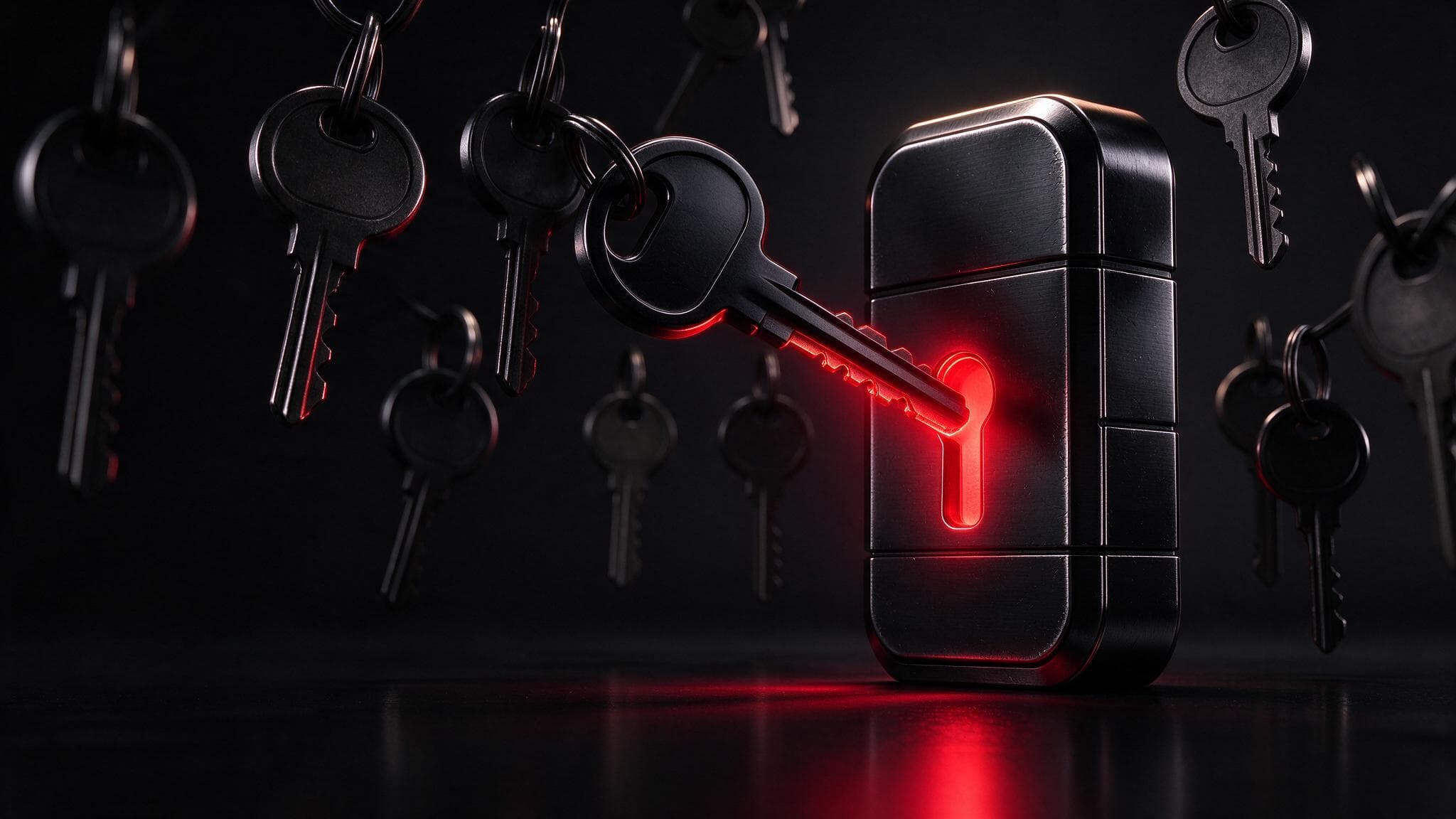 Among black keys hanging in the air, one key glows crimson as it slides into a black lock: choosing the right Google Ads agency
