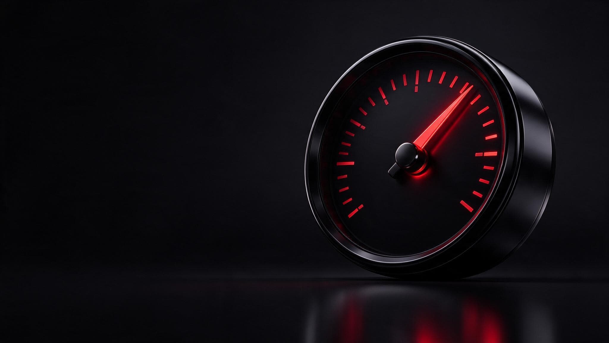 A glossy black tachometer gauge with a crimson needle sweeping upward: the measurable growth a performance marketing agency works toward